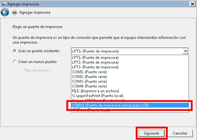Selección puerto USB